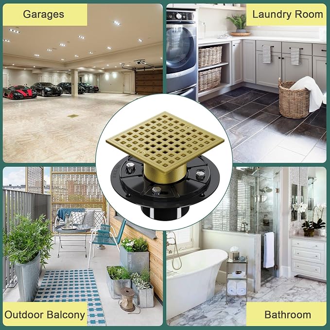 4 Inch Shower Floor Drain with Flange - Square Shower Drain with Hair Strainer - Removable Strainer Cover - SUS304 Stainless Steel - Brushed Gold