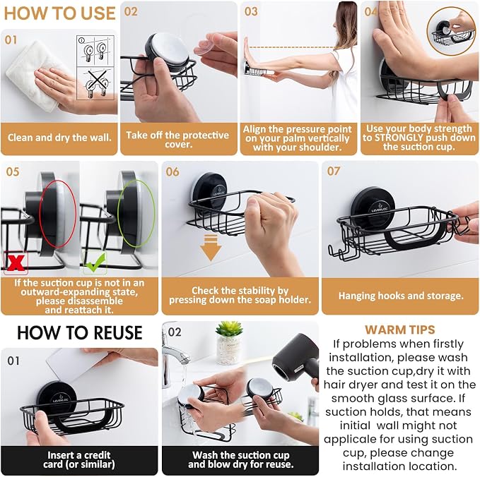 Soap Holder, Soap Dish for Shower, Suction Cup Bar Soap Holder | Soap Bar Holder for Shower, Wall Mounted Self Draining, NO Drill Sponge Holder for Bathroom, Bathtub Kitchen Sink, Blcak