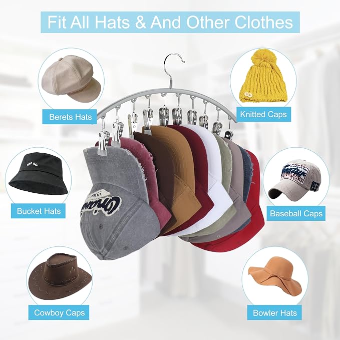 Cuipingoo Hat Hangers for Closet, Metal 2 Pack Hat Organizer Holder for Hanger Closet Display, Hat Racks for Baseball Caps w/10 Clips, Hat Holder for Ball Caps & Accessories, for Men Women, Grey