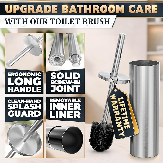 Stainless Steel Toilet Brush and Holder Set - Free-Standing Toilet Bowl Brush and Holder with Removable Inner Bowl, Splash Cover, Sturdy Bristles, Corrosion & Scratch Resistant - Modern Toilet Design