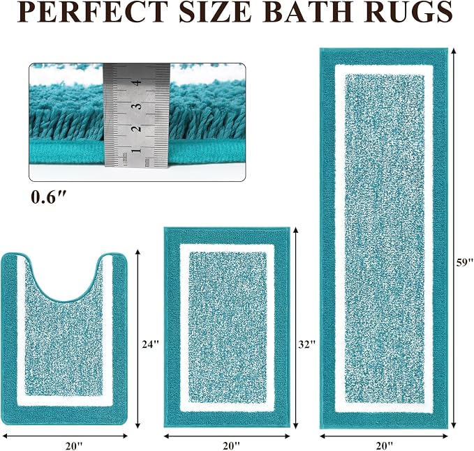 Pauwer Bathroom Rug Sets 3 Piece, Non Slip Washable Bath Mat, Aqua Blue | Soft Plush Microfiber, Super Absorbent Floor Carpet, U Shaped Toilet Mats, Quick Dry, Shaggy Shower Rugs Runners