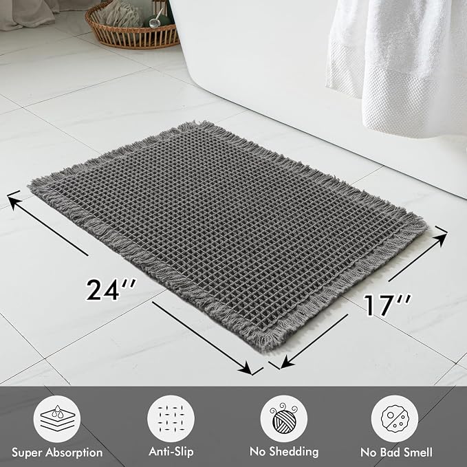 MIULEE Set of 2 Waffle Bathroom Rugs Boho Bath Mat Dark Grey 17x24 Inch | Non Slip, Super Absorbent, Washable, Ultra Soft, Rubber Backed, Small Bath Rugs for Bathroom Floor Tub Shower