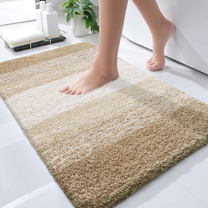 OLANLY Small Bathroom Rugs 35x16, Extra Soft Absorbent Microfiber Bath Rugs | Tan, Non-Slip Quick-Drying Rubber Backing, Machine Washable Plush Bath Mat for Floor, Tub and Shower, Home Decor Accessories