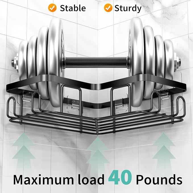 Moforoco 5-Pack Shower Caddy, L-Shaped, 10.2in Diameter, 90-Degree Right Angle, Rustproof, Easy Installation, 12 Hooks, Soap Holder, Adhesive Corner Shower Organizer, Black