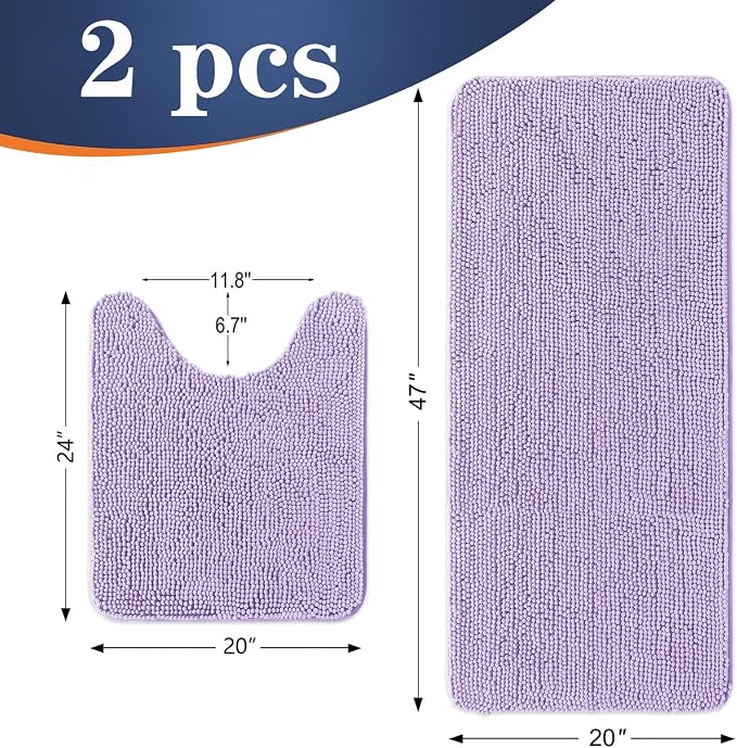OLANLY Chenille Bathroom Rugs Mats Sets 2 Piece, 47"x20"+24"x20", Lavender | Soft Absorbent Bath Mat and U-Shaped Contour Toilet Rug Set, Quick Dry, Machine Washable Bath Carpet, Home Decor Accessories