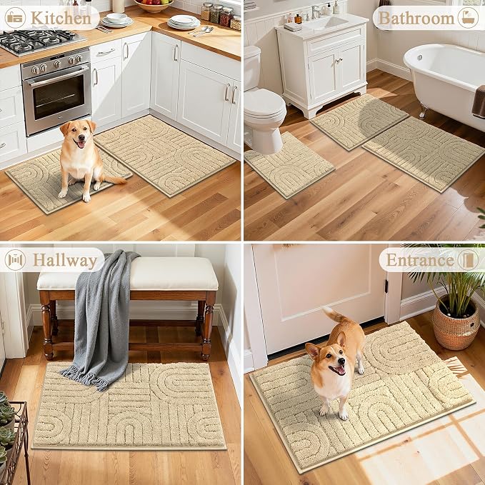 Vaukki Beige Bathroom Rugs Sets 3 Piece, 32x20+26x18+24x20 Inch | Washable Non Slip Soft Bath Mats for Shower and Tub, Plush Absorbent Microfiber Toilet Rug U Shaped