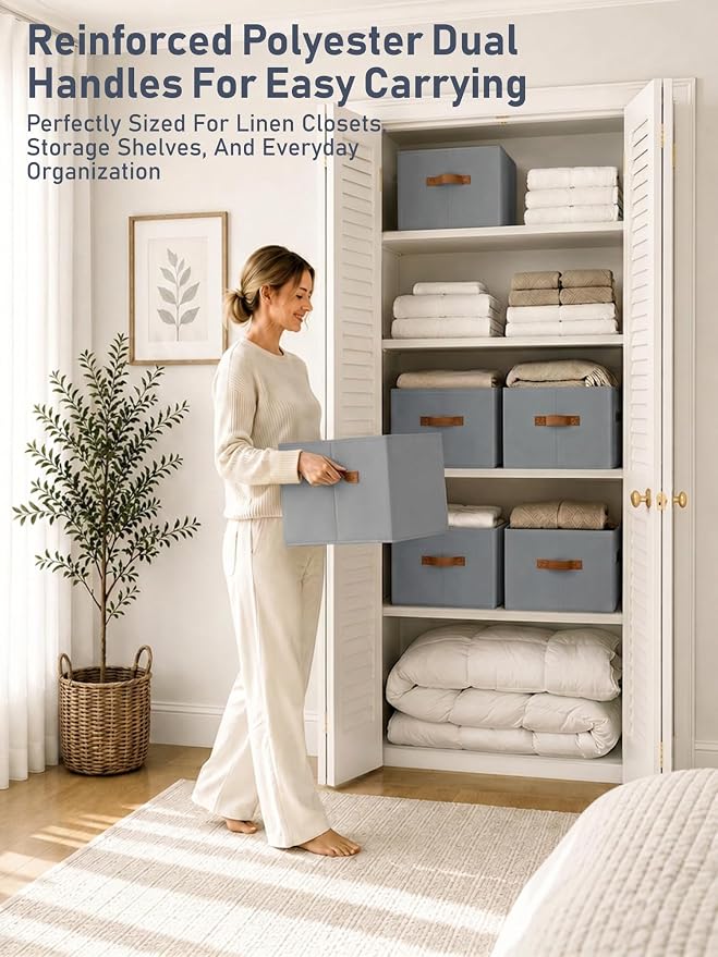 DIMJ Closet Storage Baskets Bins 6 Pack Large, Collapsible Fabric Closet Organizers and Storage with Polyester Handles, Decorative Baskets for Organizing Clothes, Towels, Linen Closet 14"x10"