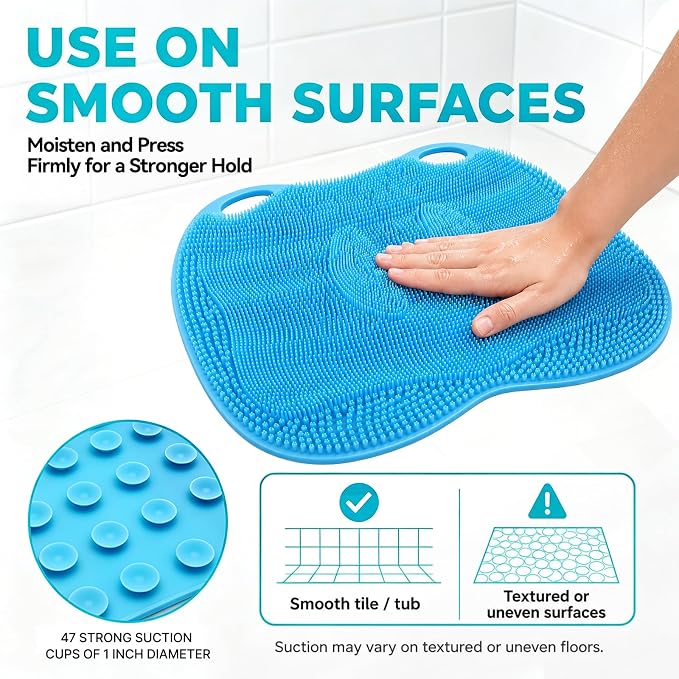 XL Silicone Shower Foot Scrubber Mat with Suction Cups, Foot Washer for Shower, Foot and Back Scrubber for Smooth Shower Wall or Floor, Blue, 17.3 x 12.9 in