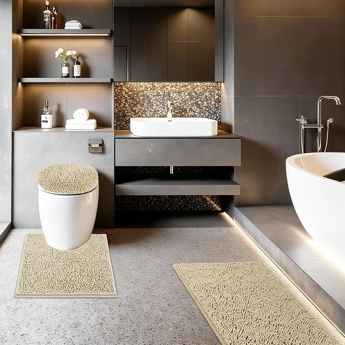 Bathroom Rugs Sets 3 Piece with Toilet Seat Cover 19.5"x 18.5" | Machine Washable Bath Rug Set with Tpr Non Slip Rubber Backing Solid Bath Mat Set for Luxury Bathroom Decoration