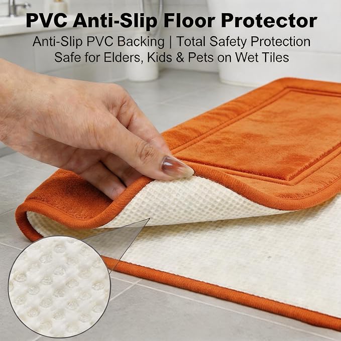 Bathroom Rugs Set 3 Piece Memory Foam, Bordered Toilet Rug, Non-Slip Orange | Fall, Halloween & Thanksgiving Decor — Warm Orange bath mats, absorbent and washable, with a U-shaped toilet mat.