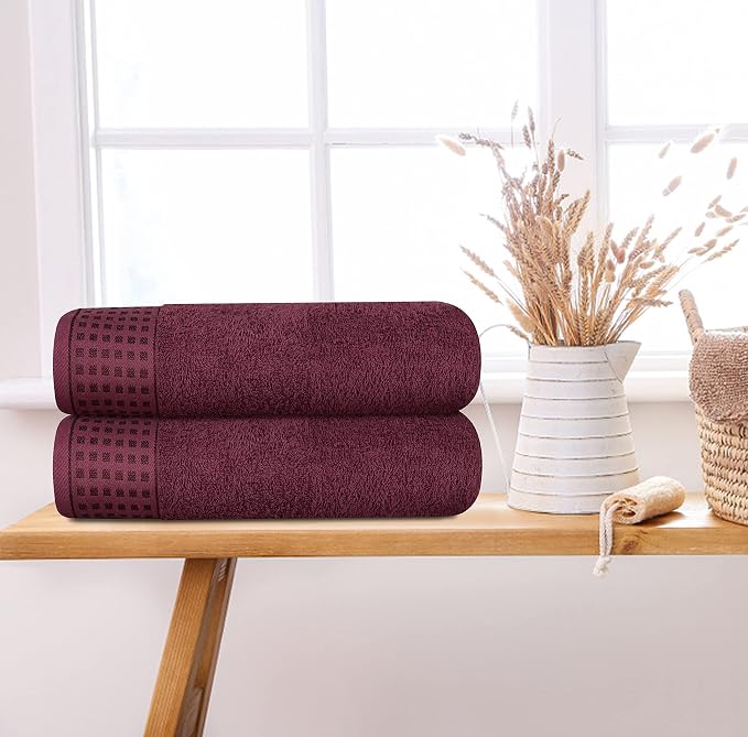 GLAMBURG 100% Cotton 2 Pack Oversized Bath Towel Set 28x55 Inches, Ultra Soft Highly Absorbant Compact Quickdry & Lightweight Large Bath Towels, Ideal for Gym Travel Camp Pool - Burgundy