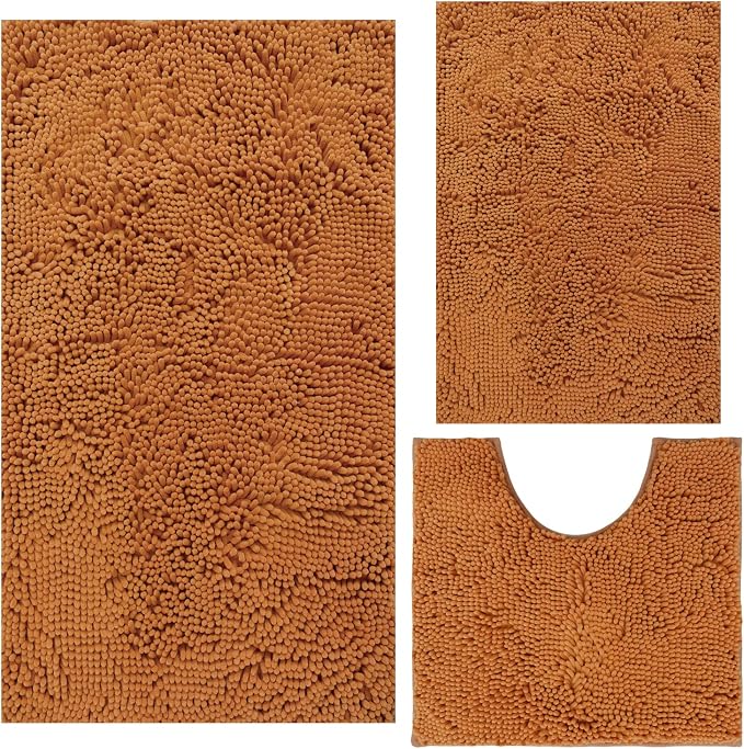 Bathroom Rugs Chenille 3-Piece Extra Soft and Absorbent Shag Bathroom Rugs, Machine Wash Mat, Strong PVC Non-Slip Underside, Plush Carpet Mats (Champagne)