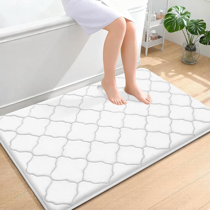 OLANLY Memory Foam Bath Mat Rug 47x32, Ultra Soft Bathroom Rugs, White | Thick Absorbent Carpet, Non-Slip Backing, Machine Washable, for Bathroom Floor, Tub, Shower and Home Decor Accessories