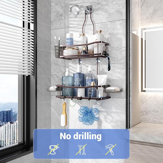 Hanging Shower Caddy Over Shower Head - No Drill Rustproof Shower Rack | Includes Soap Holder and Hooks for Shampoo, Conditioner, and Bathroom Essentials with Stable Storage in Any Shower Space