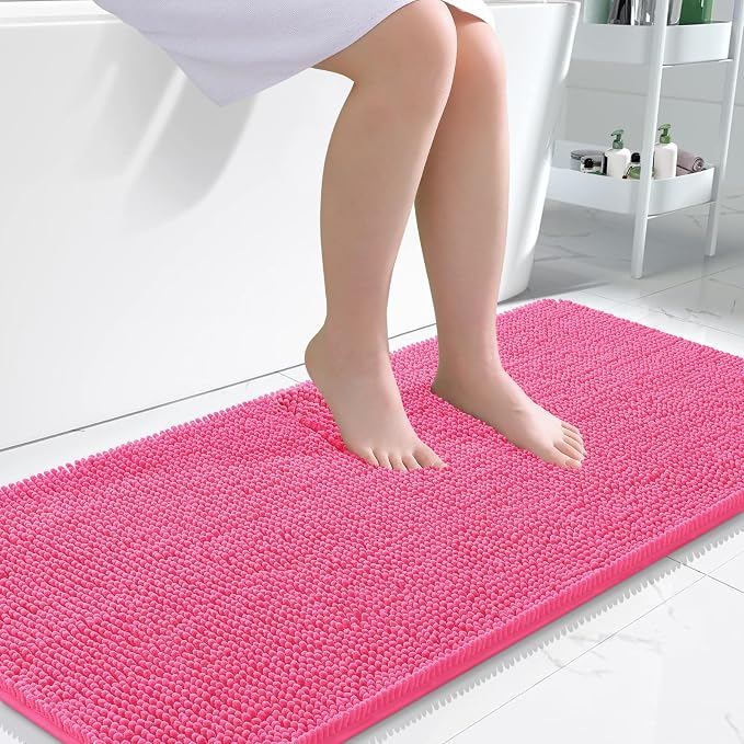 OLANLY Bathroom Runner Rugs 47x24, Extra Soft Absorbent Chenille Bath Rugs | Hot Pink, Quick-Drying Rubber Backing, Washable Long Bath Mat for Bathroom Floor, Tub and Shower, Home Decor Accessories