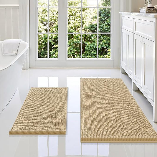 Smiry Chenille Bathroom Rugs Sets 2 Piece (36x24+24x16, Beige) | Soft Absorbent Machine Washable Non Slip Shaggy Bath Rug Set for Tub, Shower, and Floor, Home Decor