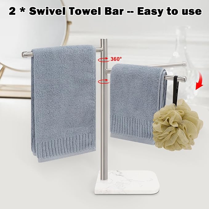 Standing Hand Towel Holder, Hand Towel Stand with Marble Base, 304 Stainless Steel Towel Rack with 2 Swivel Arm, Countertop Stand Towel Ring Towel Bar for Bathroom (Brushed Nickel)