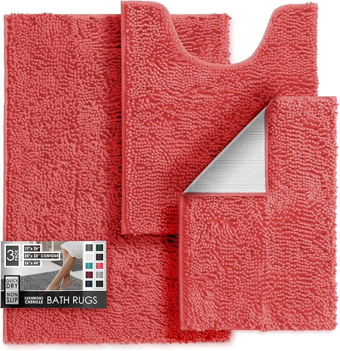 Hearth & Harbor Bathroom Rugs, Chenille Bath Mat - Machine Washable Bath Mats for Bathroom Non-Slip Backing Rubber, Quick Dry Mat - Rose Bath Rug, 17x24-26x44-20x24