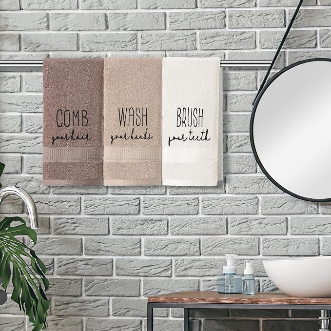 3 Pcs Hand Towels Bathroom Set,Brown,Brush Comb Wash | Embroidered Cotton Farmhouse Towels, Kitchen Decor, Rustic Boho Decorative with Text Labels, Guest Bath Home