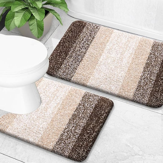 OLANLY Micorfiber Bathroom Rug Set 2 Piece, 24"x16"+U-Shaped 24"x20" | Light Brown, Soft Absorbent Bath Mats and Contour Toilet Rug, Non-Slip, Machine Wash Dry, Plush Shaggy Bath Mats for Bathroom