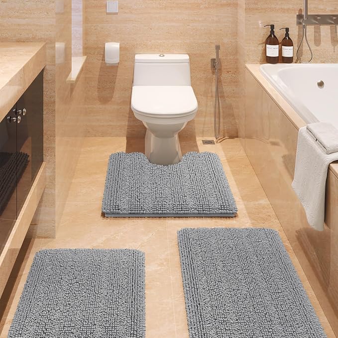 ACCUMTEK Striped Light Grey Bathroom Rug Set 3 Pieces Gray Ultra Soft, Non Slip Chenille Toilet Mat, Absorbent Plush Shaggy Bath Mats for Bathroom, Bedroom, Kitchen
