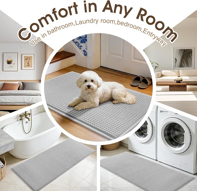 Memory Foam Bath Mat Set 3 Piece, Ultra Soft Absorbent Waffle Bathroom Rugs, Super Non-Slip PVC Backing Bath Rug Quick Dry, Machine Washable Rug for Tub, Shower, Home Decor Accessory, Light Gray