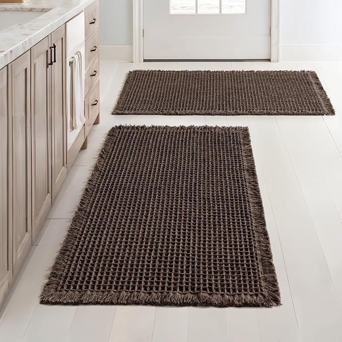 MIULEE Set of 2 Waffle Bathroom Rugs Boho Bath Mat Chocolate 18x30 Inch | Non Slip, Super Absorbent, Washable, Ultra Soft, Rubber Backed Bath Rugs for Bathroom Floor Tub Shower