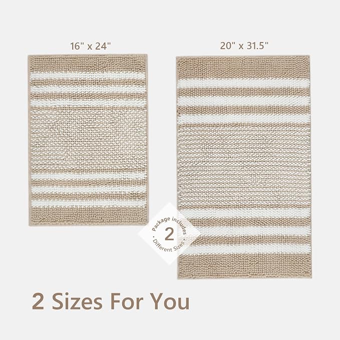BSICPRO Bathroom Rugs Sets 2 Piece, Non Slip Striped Bath Mats, Khaki | 20"x32" Plus 16"x24"，Soft Absorbent Chenille, Quick Dry Machine Washable, Shower Rug for Bathroom Floor, Tub, Bedroom Decor
