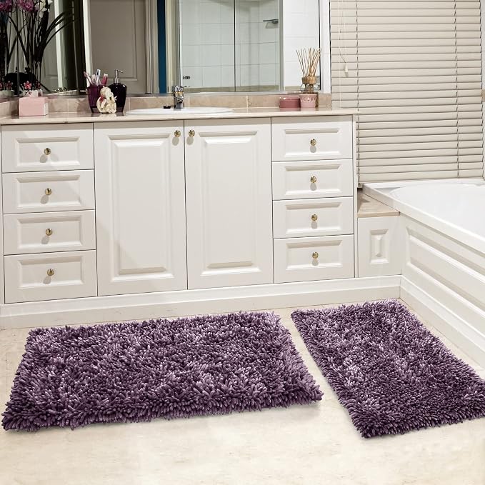 Yimobra Bathroom Rug Set 2 Piece, Luxury Shaggy Bath Mat Set with Non Slip Backing, Ultra Soft & Absorbent Mats for Bathroom Floor, Machine Washable, 44"x24"+24"x17", Dark Purple