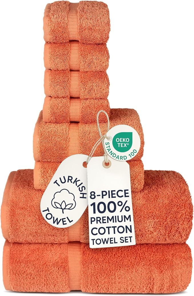 Chakir Turkish Linens 100% Cotton 8-Piece Towel Set, Coral | 100% cotton 8-pc set, OEKO-TEX certified: 2 bath 27x54, 2 hand 16x30, 4 washcloths 13x13