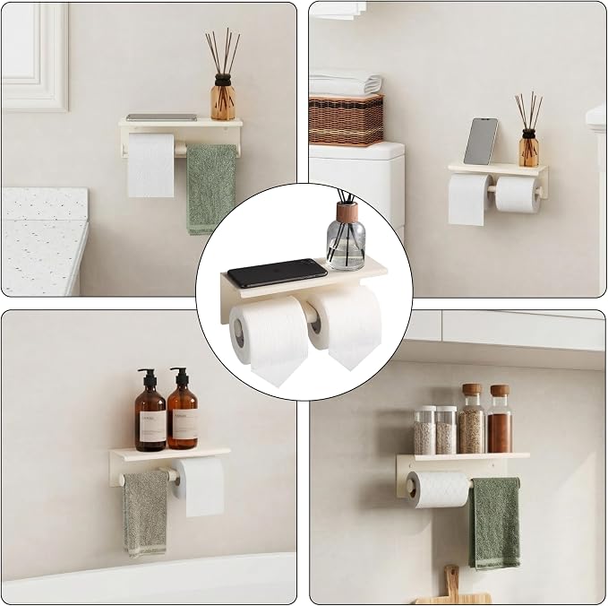 BGL Toilet Paper Holder with Shelf White Double Head Toilet Tissue Roll Holder 304 Stainless Steel Wall Mount for Bathroom