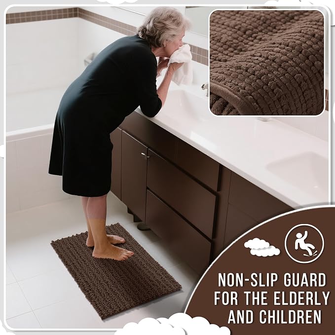 Yimobra Bathroom Rugs Sets 2 Piece - Quick Dry Extra Thick Luxury Chenille Bath Mat, Non Slip Super Absorbent for Tub Shower Sink, Machine Washable Shaggy Floor Mat, 32"x20"+24"x17" Inch, Brown