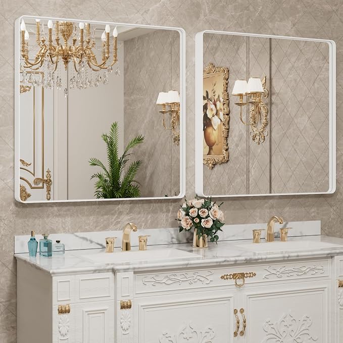 LOAAO 30x30 Inch White Metal Framed Bathroom Mirror for Wall | Rounded Rectangle Bathroom Vanity Mirror, Anti-Rust, Hangs Horizontally or Vertically