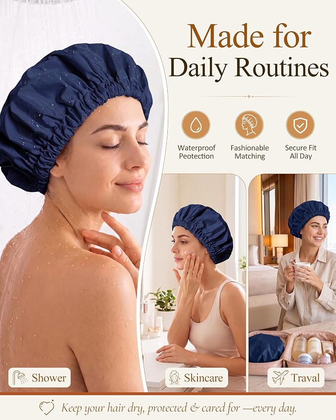 Edoneery Shower Caps for Women Reusable Waterproof, Shower Hair Cap | Washable Bonnet, Wide Elastic Band, Large Fit, Holds Long Hair, Braids Friendly, Bath Accessories, Spa, Travel