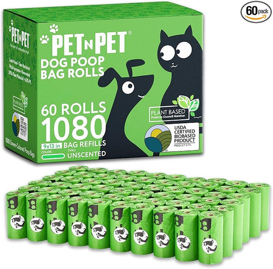 Pet N Pet Poop Bags for Dogs, 1080 Count, Plant Based, Unscented, Green | USDA Certified, 41%, Doggy, Leak-Proof, Sac Caca Chien, Refill, Waste, Tear-Resistant, Easy-Tear Design, dog waste bags