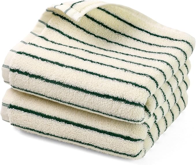 Jacquotha Green Striped Hand Towels for Kitchen, Vintage Bathroom Decor | Natural Cotton Tea Towel, 14” x 29”