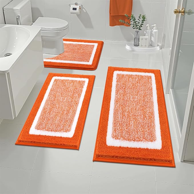 Pauwer 3 Piece Bathroom Rug Set, Non Slip Washable Bath Mat, Orange | Soft Plush Microfiber, Super Absorbent Floor Carpet, U Shaped Toilet Mats, Quick Dry, Shaggy Shower Rugs Runners