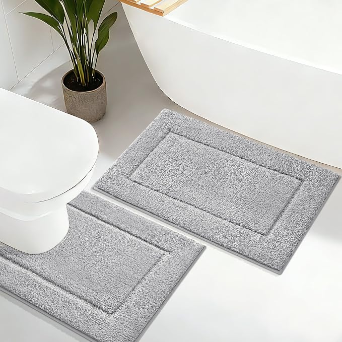 IM HOME Bathroom Rugs Sets 2 Pieces, Ultra Soft Thick Plush Fluffy Microfiber Absorbent Bath Mat, Non-Slip Backing, Machine Washable Bath Mats for Bathroom (24"x17" + U Shape 24"x20", Grey)