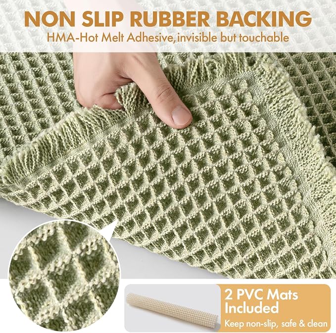 MIULEE Set of 2 Waffle Bathroom Rugs Boho Bath Mat Sage Green 20x32 Inch | Non Slip, Super Absorbent, Washable, Ultra Soft, Rubber Backed Bath Rugs for Bathroom Floor Tub Shower