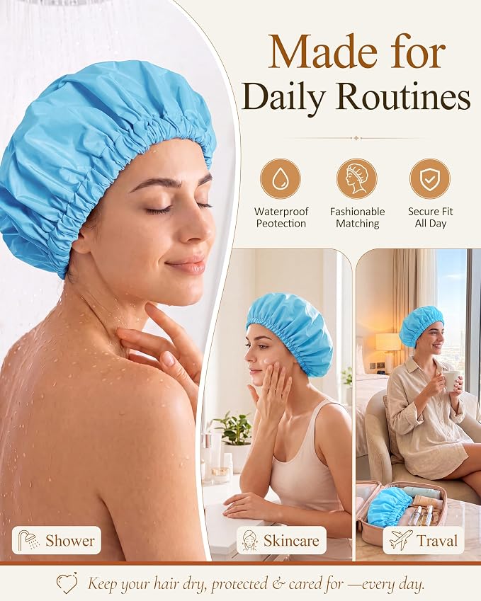 Edoneery Shower Caps for Women Reusable Waterproof, Shower Hair Cap | Washable Bonnet, Wide Elastic Band, Large Fit, Holds Long Hair, Braids Friendly, Bath Accessories, Spa, Travel