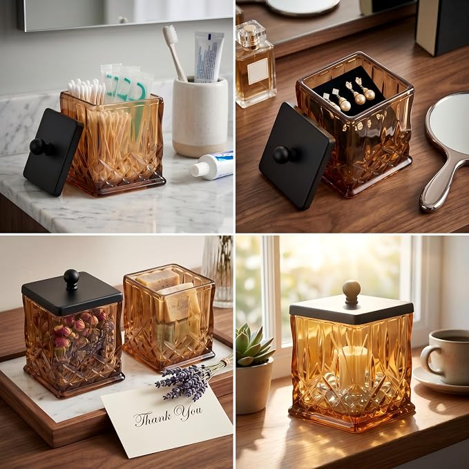 2 Pack Glass Qtip Holder Dispenser Set,Square Bathroom Apothecary Jars with Matte Black Lid for Cotton Swabs, Balls, Pads,Floss Picks, Vanity Storage Container for Makeup, Candy, Jewelry(15 Oz, Amber)