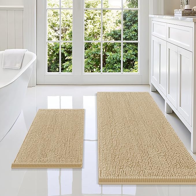 Smiry Chenille Bathroom Rugs Sets 2 Piece (47x20+24x16, Beige) | Soft Absorbent Machine Washable Non Slip Shaggy Bath Rug Set for Tub, Shower, and Floor, Home Decor