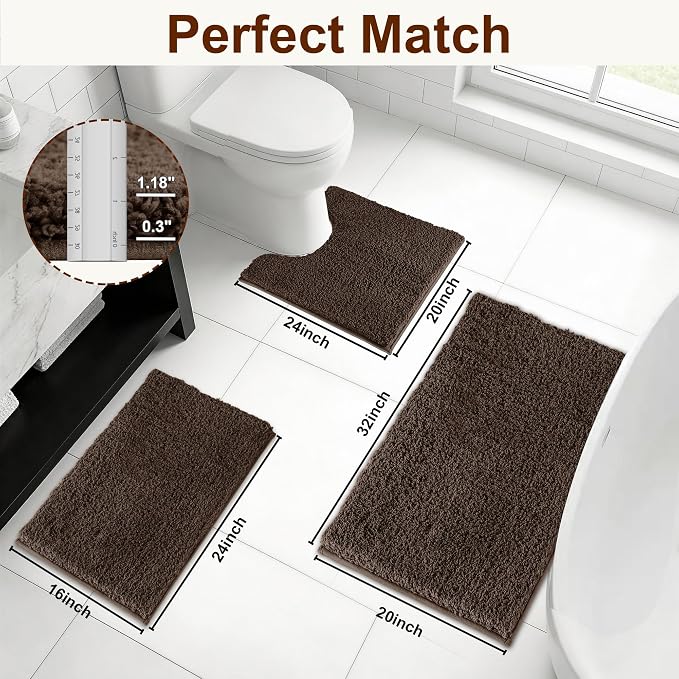 Bathroom Rugs Sets 3 Piece Non Slip Washable Bath Mat Set | Microfiber bath rug set with toilet mats for bathroom , Soft Absorbent toilet rug set TPR Rubber Backed bathroom floor mat
