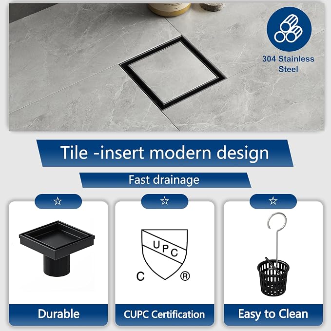 Neodrain Square Shower Drain with Removable Tile Insert Grate,304 Stainless Steel, CUPC Certified, Includes Hair Strainer (Matte Black, 4 in)