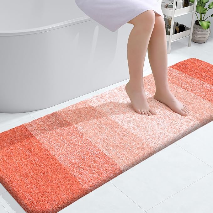 OLANLY Bathroom Runner Rug 59x20, Extra Soft Absorbent Microfiber Bath Rugs | Coral, Non-Slip Quick-Drying Rubber Backing, Machine Washable Long Bath Mat for Floor, Tub and Shower, Home Decor Accessories