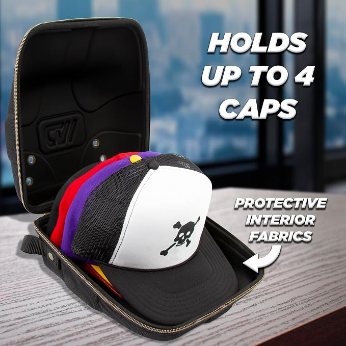 CASEMATIX Hat Travel Case for up to 3 Baseball Caps with Crush-Resistant Hard Shell Outer, Metal Travel Carabiner and Comfortable Handle - Portable Hat Case Carrier for Travel and Hats Storage