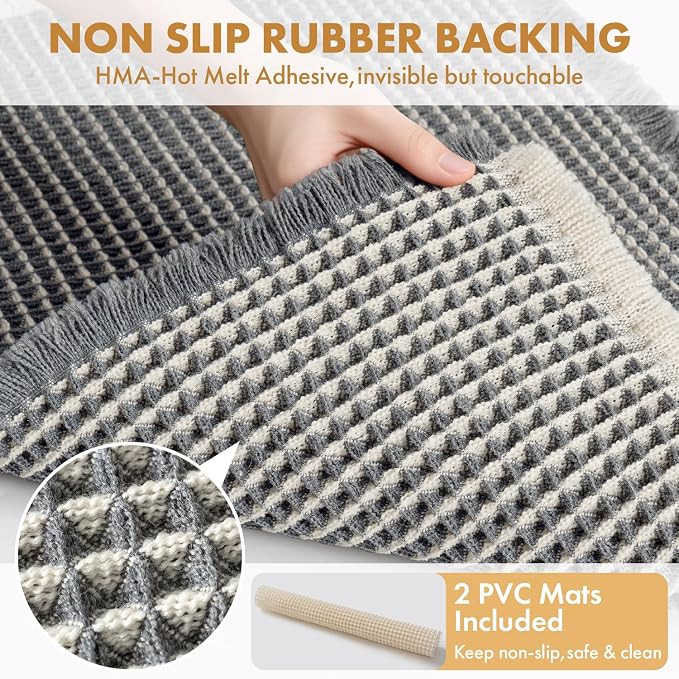 MIULEE Set of 2 Waffle Bathroom Rugs Dark Grey&Cream 17"x24"+18"x30" | Non Slip, Super Absorbent, Washable, Ultra Soft, Rubber Backed, Small Boho Bath Rugs for Bathroom Floor Tub Shower