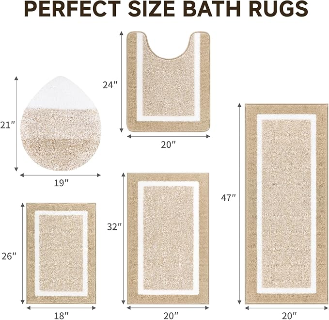 Pauwer Bathroom Rugs Set 5 Piece, Non Slip Microfiber Bath Mat, Beige | Washable Bathroom Mat with U Shaped Toilet Rug, Long Shower Runner, Toilet Lid Cover, Quick Dry Absorbent Plush Floor Carpet
