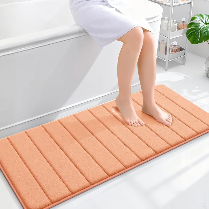 OLANLY Memory Foam Long Bathroom Rugs Runner 47x20, Super Soft Absorbent | Peach, Quick Dry Bath Mat, Machine Washable Shower Floor Rugs, Bathmat Carpet for Bathroom Floor, Tub and Shower