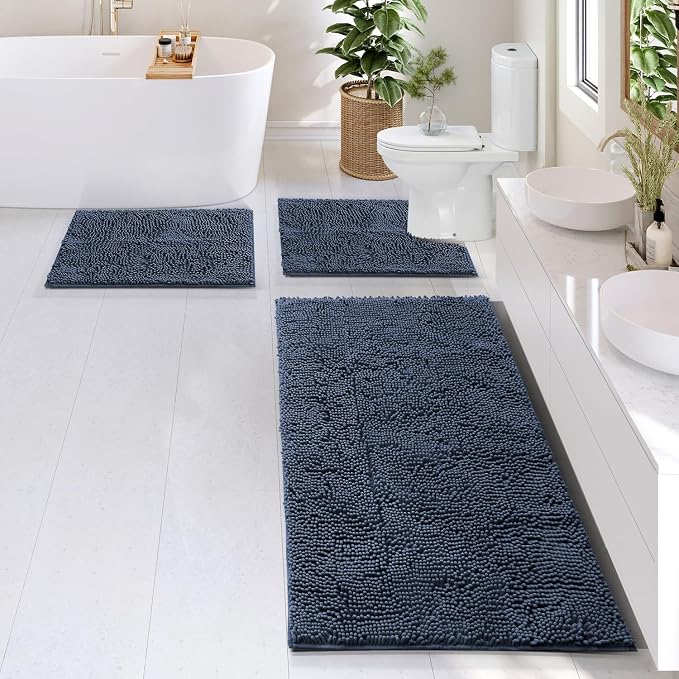 Hearth & Harbor Bathroom Rugs, Chenille Bath Mat - Machine Washable Bath Mats for Bathroom Non-Slip Backing Rubber, Quick Dry Mat - Navy Blue Bath Rug, 17x24-26x44-20x24